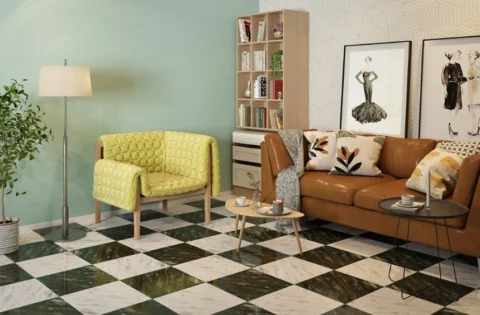 Chequered marble flooring adds luxury, durability and timeless appeal to modern interiors.