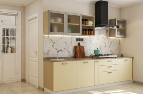Low cost simple kitchen design with marble backsplash, budget-friendly modular cabinets and clean layout