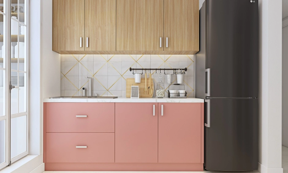 Simple kitchen design low cost with pastel cabinets, tiled backsplash and compact layout ideas