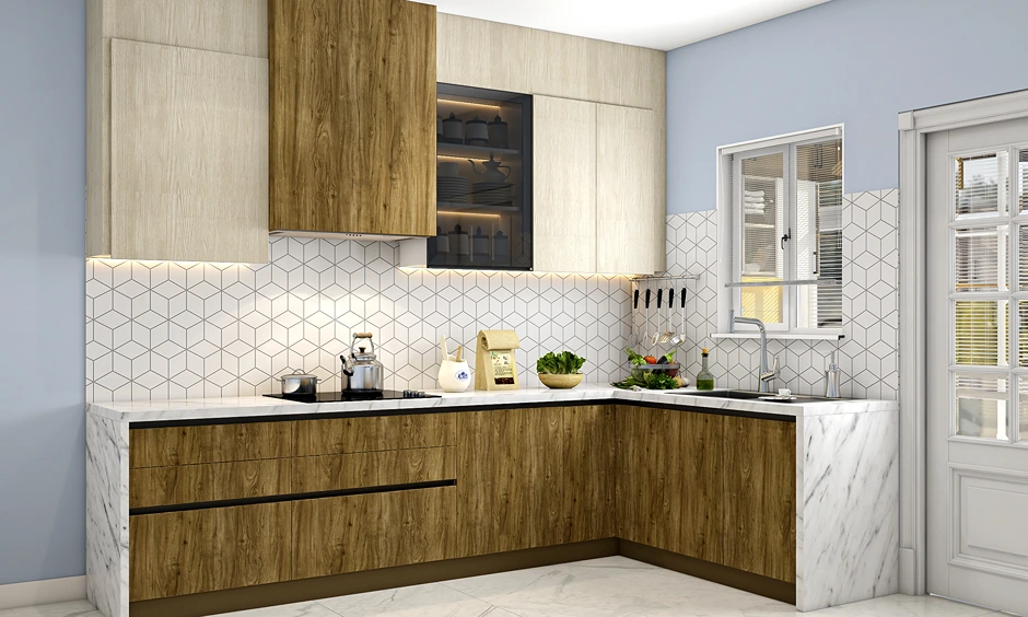Modern island kitchen with black metal open shelving, hex tile backsplash and wood cabinets for accessible storage.