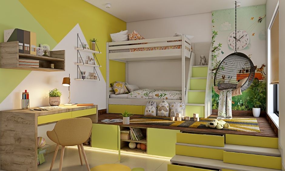 Bright colours and playful furnishings create a cheerful dopamine decor room for children.