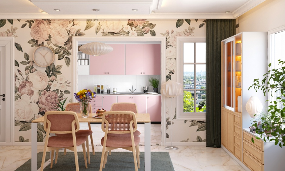 Soft pink accents in the dining and kitchen area create warmth and comfort.