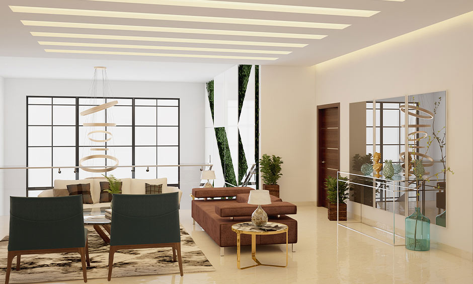 Biophilic living room interior design, which has large windows for natural daylight and has a modern feel