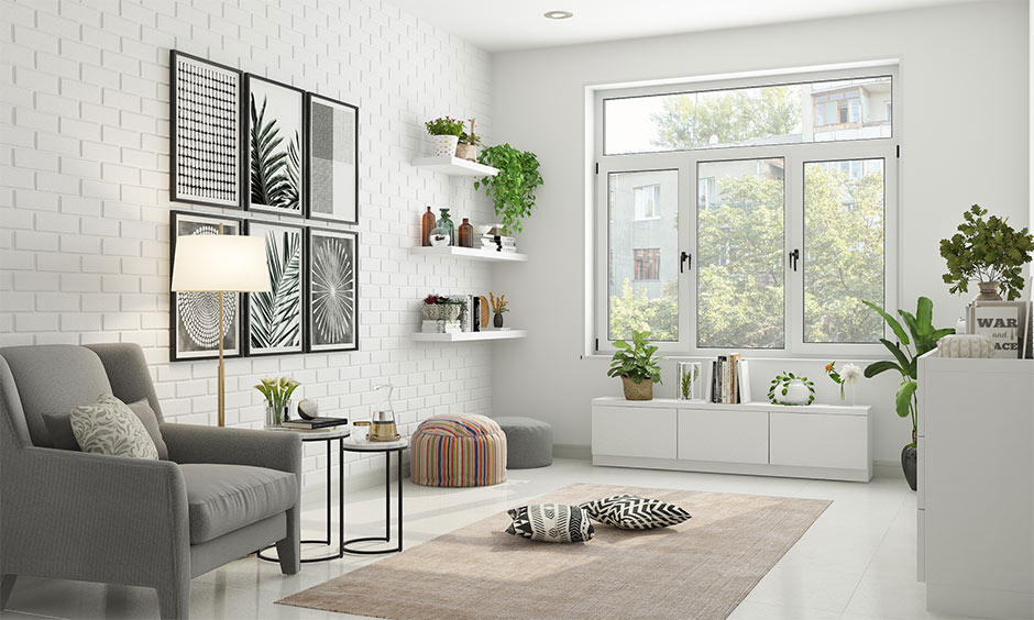 Biophilic living room with natural light, textures and greenery that enhance the look of the space