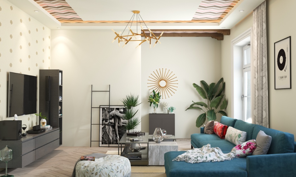 False ceiling design for small living room using patterned wallpaper inside a recessed border with spotlights as a budget-friendly way to add interest.