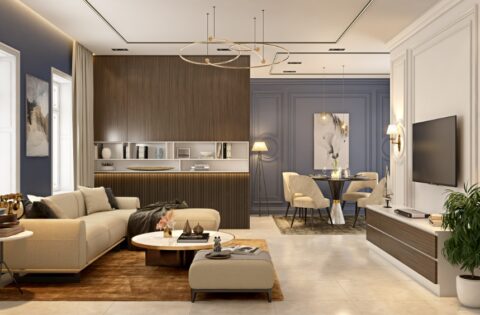 False ceiling design for a small living room featuring a slim tray edge, recessed spotlights, and cove lighting in a compact, colourful lounge