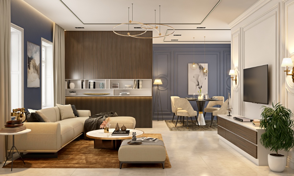 False ceiling design for a small living room featuring a slim tray edge, recessed spotlights, and cove lighting in a compact, colourful lounge