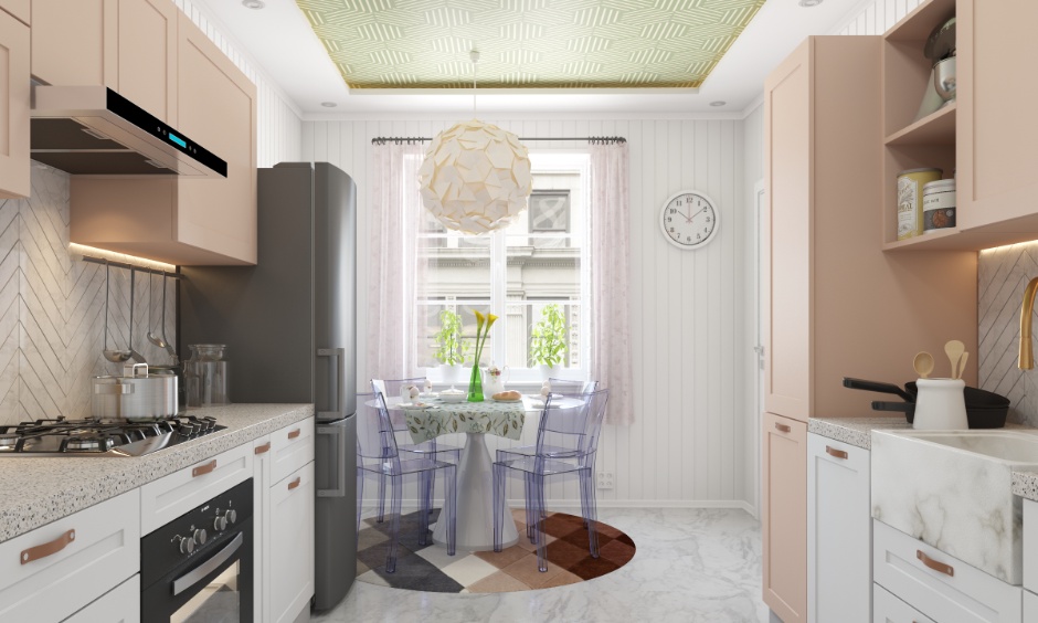 Small kitchen ceiling design with a recessed patterned panel above a compact dining table in a pastel modular kitchen.