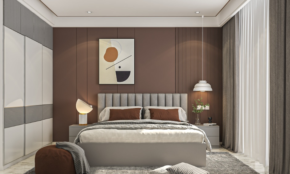 Simple ceiling design for small bedroom featuring a slim false ceiling border with recessed spotlights that keeps the compact room looking open and airy.