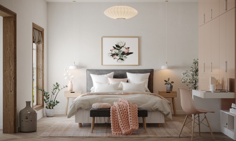 Off-white and blush pink colour combinations for the bedroom for a romantic touch