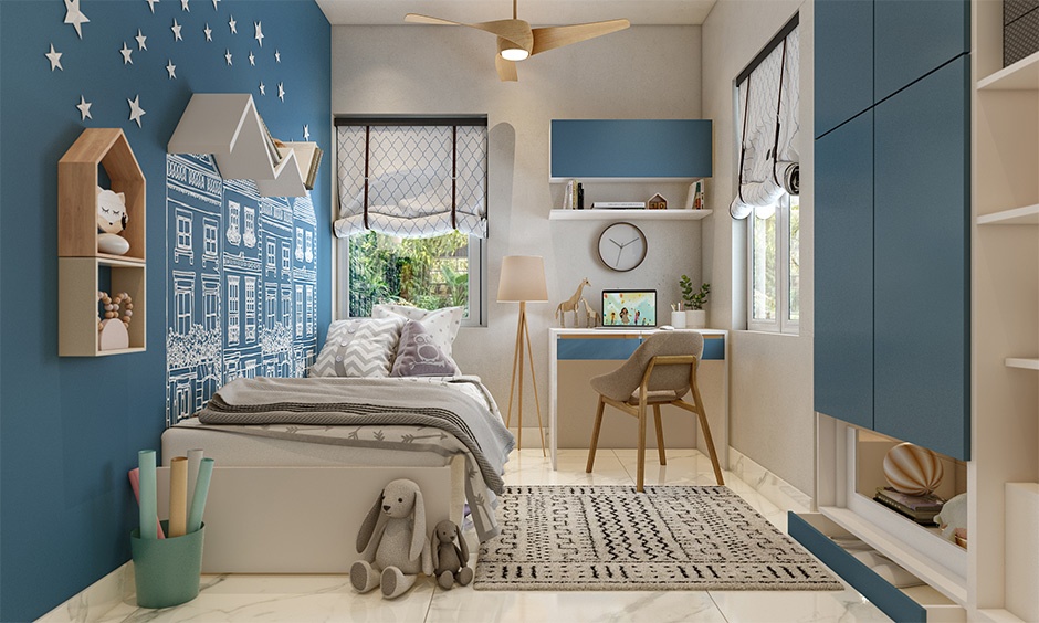 Off-white and blue colour combinations with minimal decor for kids room