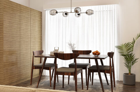 Off-white interior design with warm lighting and minimal décor for a trendy look