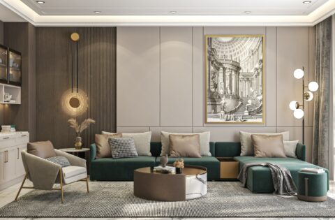 Modern living room interior design with neutral tones, curved furniture, and layered lighting