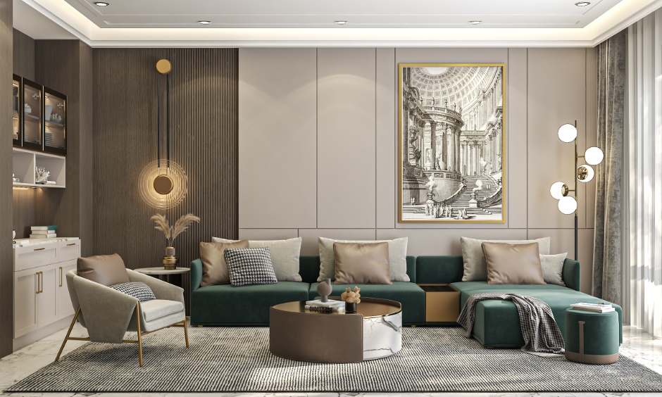 Modern living room interior design with neutral tones, curved furniture, and layered lighting