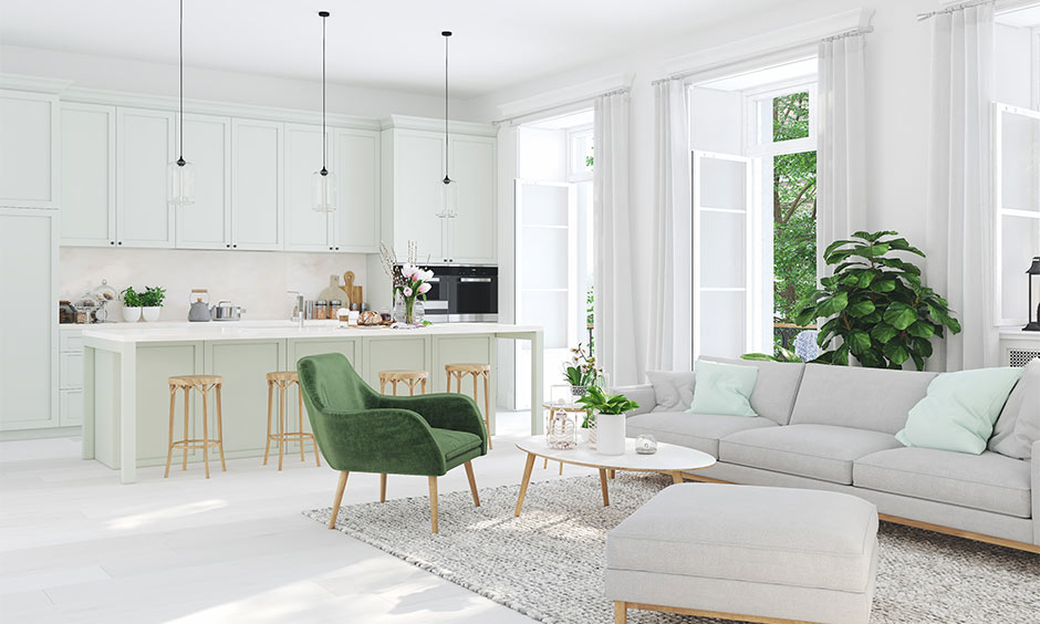 White kitchen and living room interior design trend for a minimal and uniform look