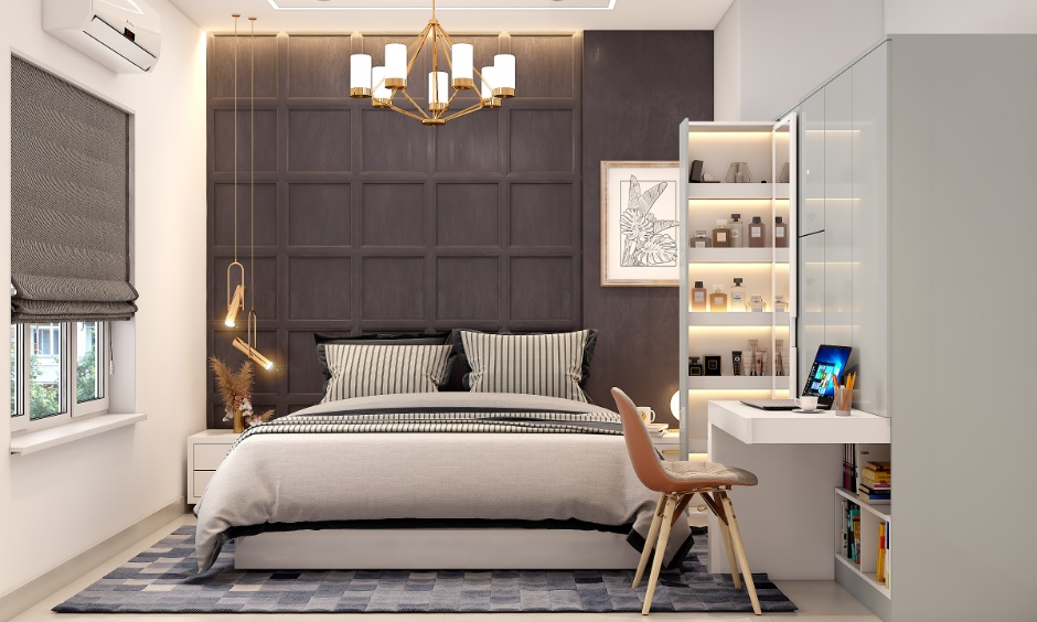 Smart wardrobe and study storage keep a small apartment bedroom organised and clutter-free.