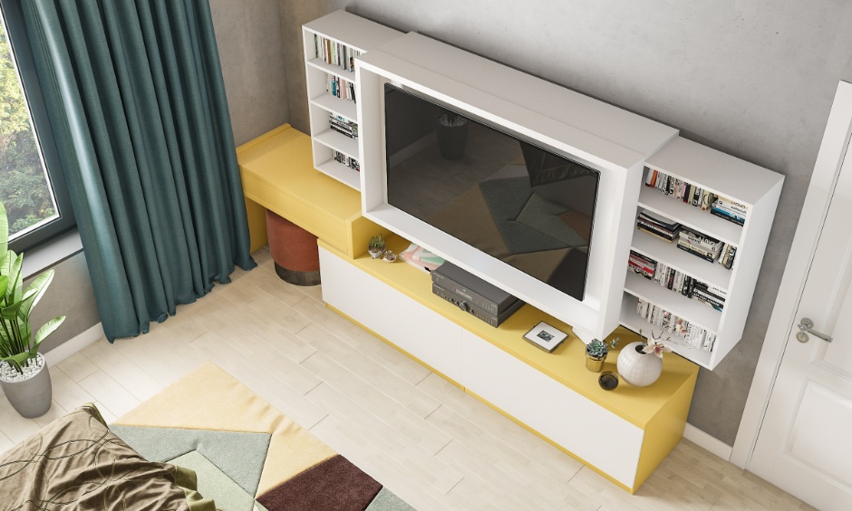 TV unit with shelves and closed cabinets adds practical storage to a small living room.