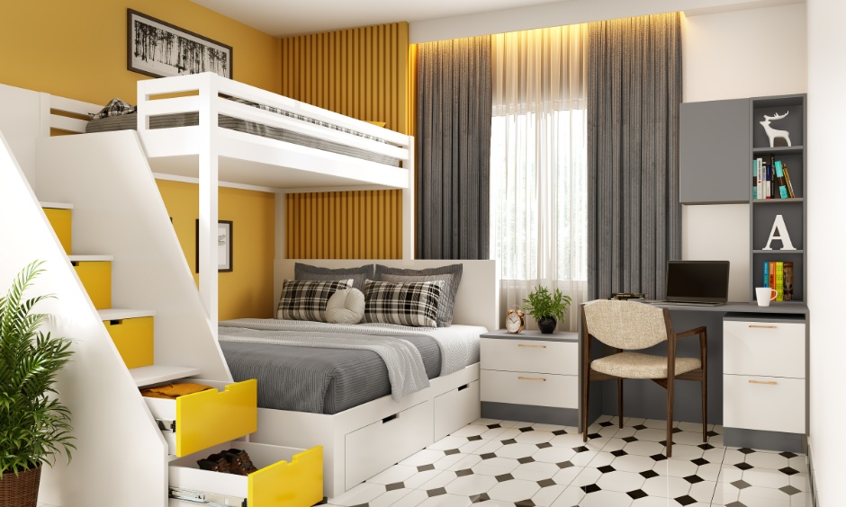 Bunk bed with drawers and study unit combines smart storage in a compact bedroom layout.