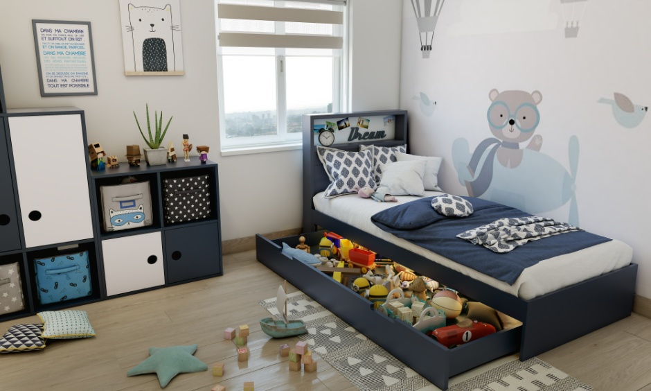 Under-bed drawers and organised storage keep a small apartment neat and clutter-free.