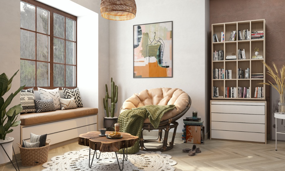 Balanced mix of closed storage and open shelves keeps a small apartment visually organised.