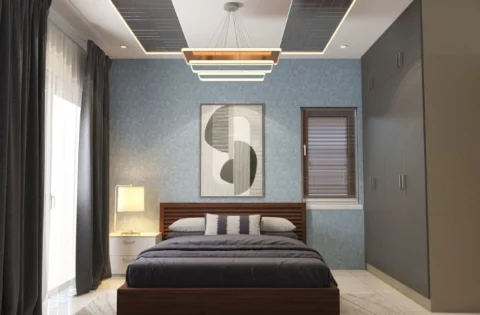 Modern master bedroom false ceiling design with layered lighting and elegant detailing.