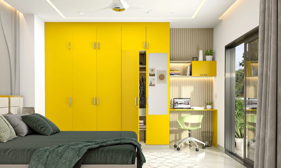 Stylish false ceiling design enhances depth and ambience in the master bedroom.