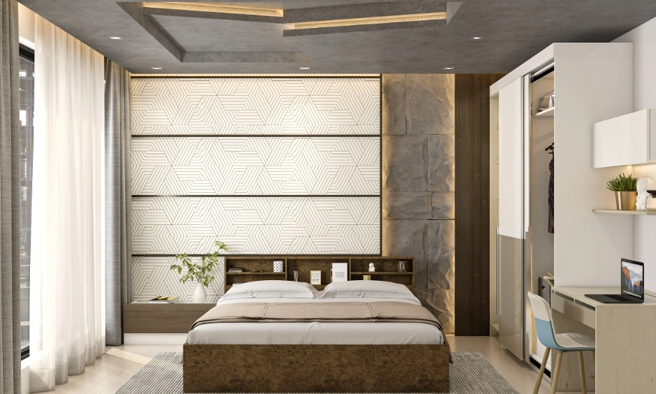 Gypsum and POP false ceiling materials offer different finishes for bedroom interiors.