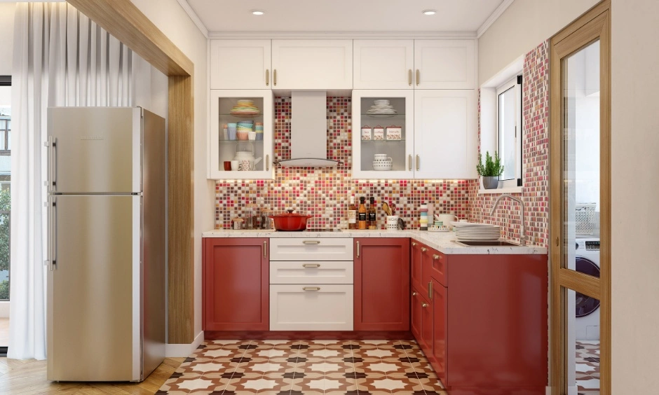 U-shaped modular kitchen with warm finishes and practical storage solutions.