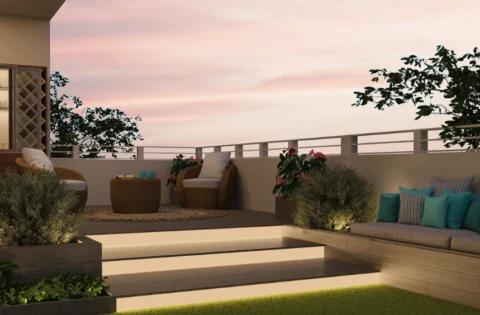 Modern terrace railing design with cosy seating and sleek metal sections for relaxed outdoor evenings.