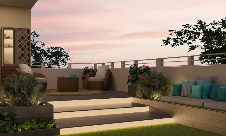 Modern terrace railing design with cosy seating and sleek metal sections for relaxed outdoor evenings.