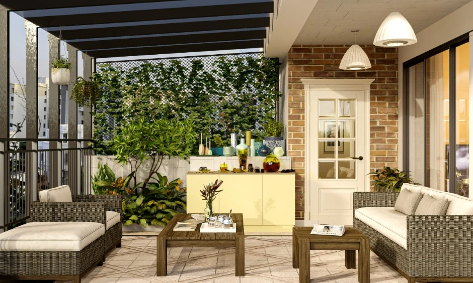 Minimal metal terrace railings creating an airy outdoor lounge with a cosy modern feel.