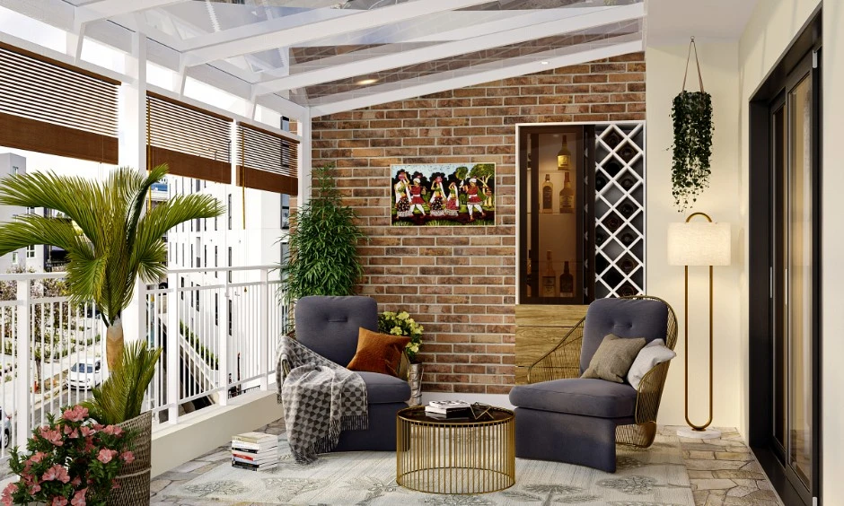 White steel terrace railings with greenery and lounge seating designed for easy outdoor maintenance.