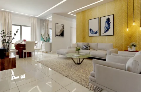 Modern open-plan living room with a yellow accent wall and balanced minimalist decor ideas.
