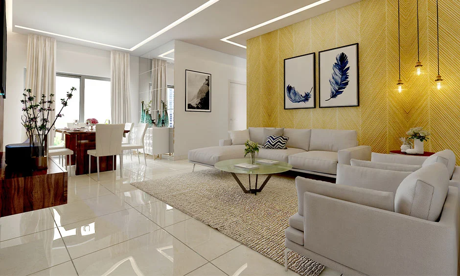 Modern open-plan living room with a yellow accent wall and balanced minimalist decor ideas.