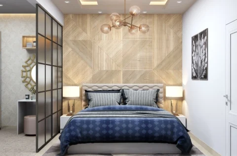 Layered bedroom interior with matte walls, wood panels and mixed surface textures.
