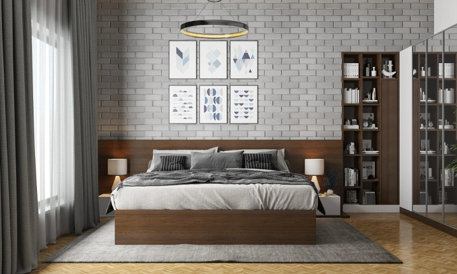 Bedroom with fabric, wood and matte wall textures layered for a cosy atmosphere. 
