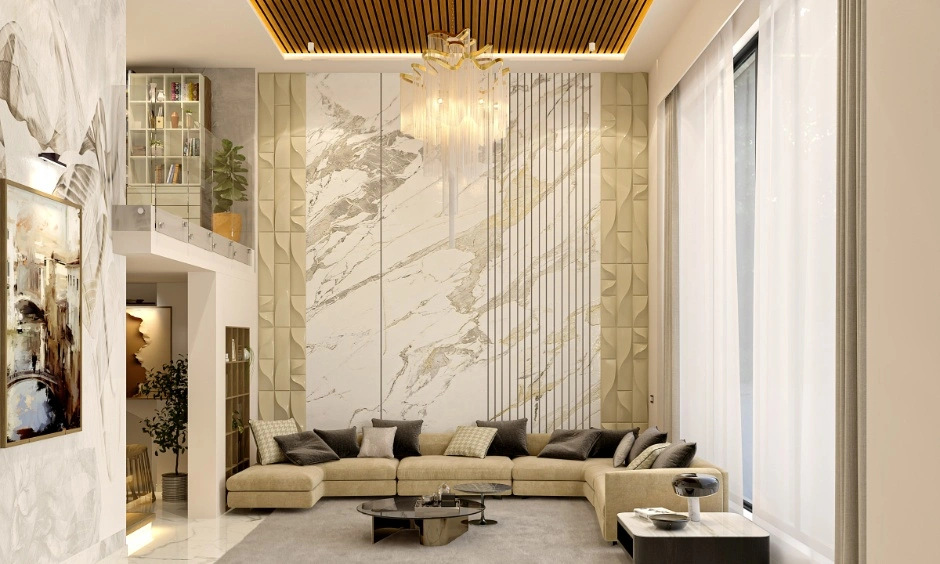 Reflective mirrored furniture highlights the contrast between smooth and textured finishes. 