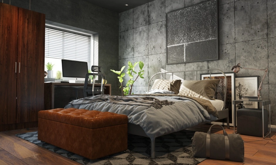 Modern bedroom featuring fluted panels, layered fabrics and matte surface finishes. 