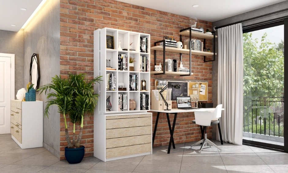 Natural light enhances the depth and finish of textured surfaces in the home office.