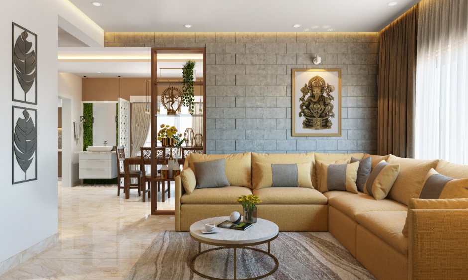 Living room materials and layered finishes influencing interior design cost in Coimbatore.