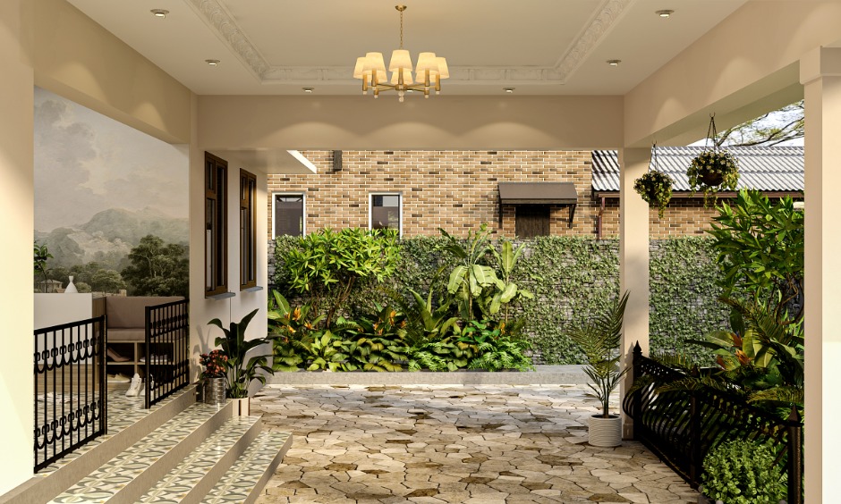 Stylish porch interior in Coimbatore showcasing expert space planning and elegant finishes.