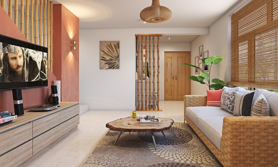 Minimal wooden room partition inspired by bamboo detailing.
