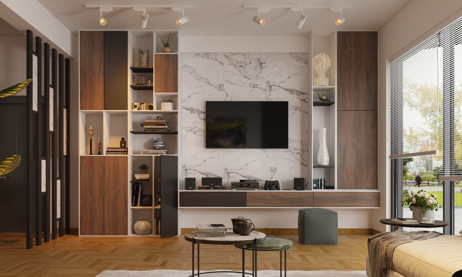 Modern wooden partition with shelving and marble-inspired accents.