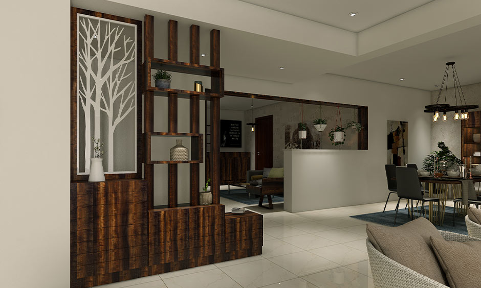 Decorative wooden CNC partition with intricate carved patterns.