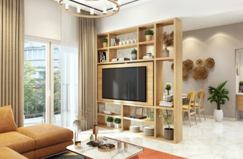 Stylish wooden partition design used to divide open spaces in a modern home.