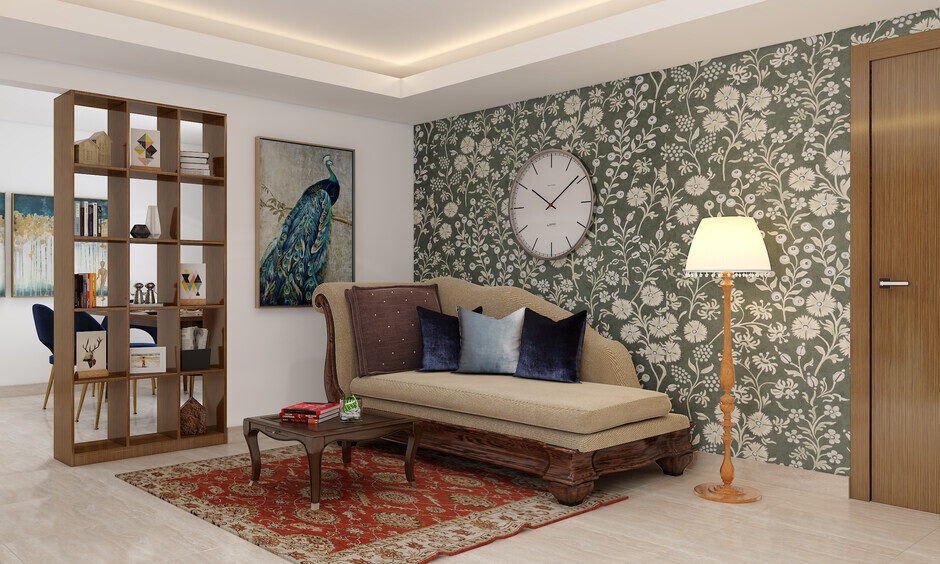 Wooden partition for hall with open shelves for décor and storage.