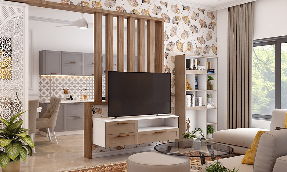 Wooden partition design with integrated TV unit in a compact living room.