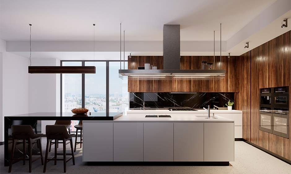 Professional modular kitchen designer layout in Ahmedabad showing smart space planning and pull-out storage units.