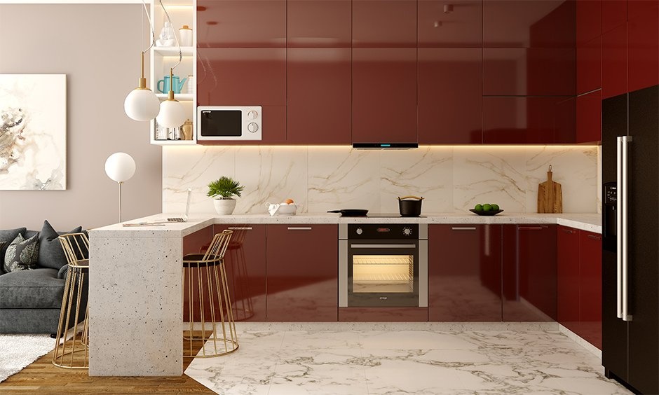 Comparison of local carpenters versus branded kitchen designers featuring factory-finished overhead storage cabinets.