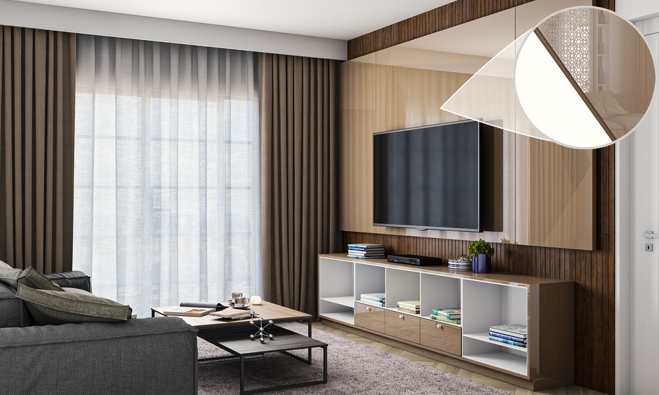 Sleek TV wall unit with wooden panel accents, illustrating smart cost-control tips by mixing premium and standard laminates.